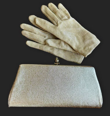 Винтажный золотой блестящий фольги застежки ручная сумка сумочка с цепочкой и соответствующие перчатки - Изображение 1 из 4