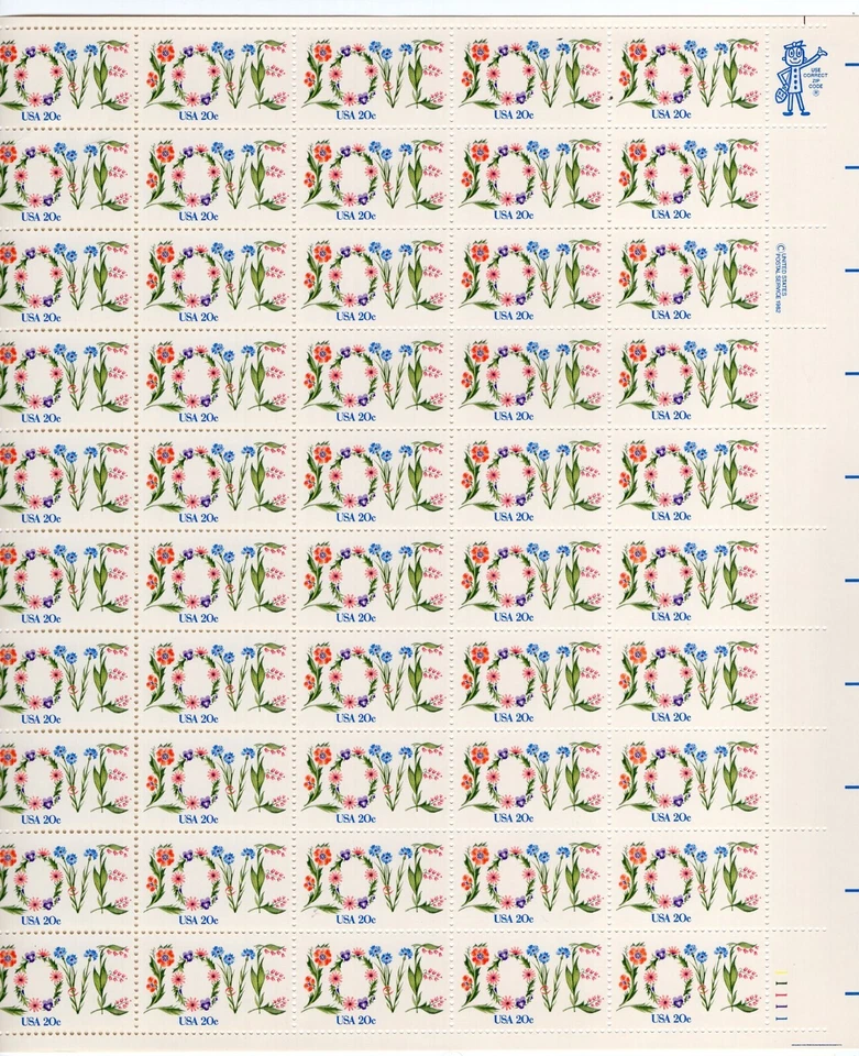 1982 20 cent Love Flowers Full sheet, Scott #1951, Mint NH - Image 1 of 1