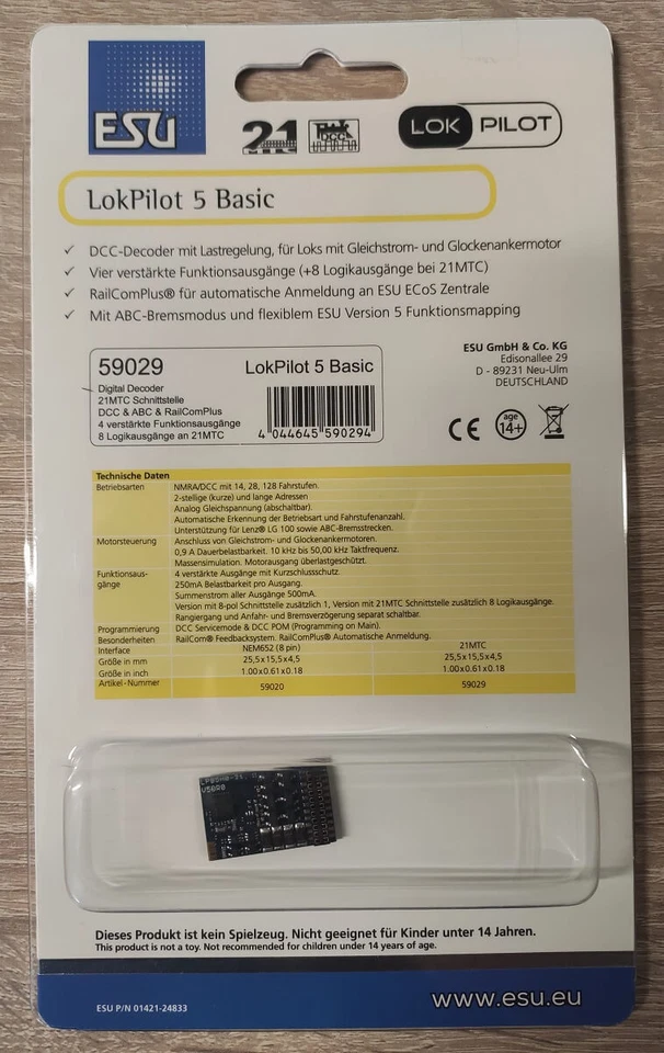 ESU 59029 LokPilot Standard H0, 0 DCC/RailCom 21MTC NEM660 Schnittstelle (53614) - Bild 1 von 1
