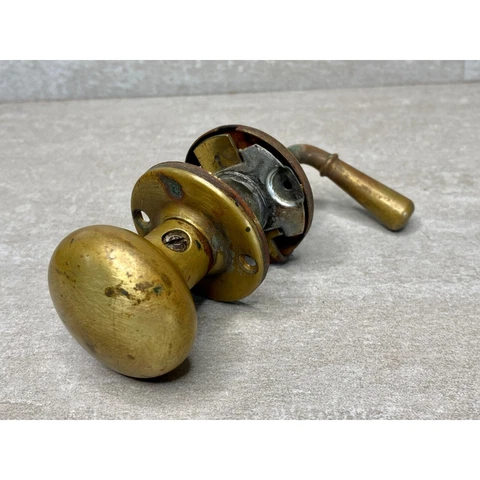 Vintage Small Brass Fixed Closet Door Handle 2" Wide Round Knob & Lever Knob Cover