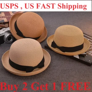 Lady Boater sun caps Ribbon Round Flat Top Straw Fedora Panama Hat summer hats - Picture 1 of 12