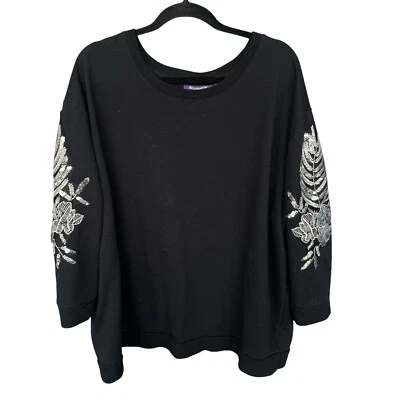 Moletom Roamans Feminino Plus Size 1X 22/24 Lantejoulas Floral Preto Pulôver Elástico - Imagem 1 de 4