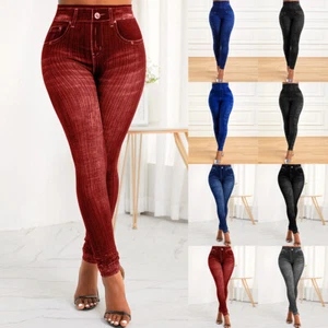 Women Denim Look Stretchy Leggings Trousers Ladies Skinny Slim Jeggings Pants - Picture 1 of 37