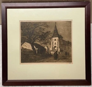 Vintage LESTER HORNBY antike Kirche Europa Landschaft MEZZOTINT Radierung - aufgeführt - Bild 1 von 10