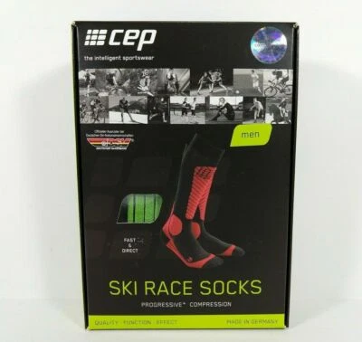 全新带盒 男式 CEP PROGRESSIVE+ RACE SKI COMPRESSION SOCKS $55 尺寸 3 黑色 绿色 — 第 1/4 张图片