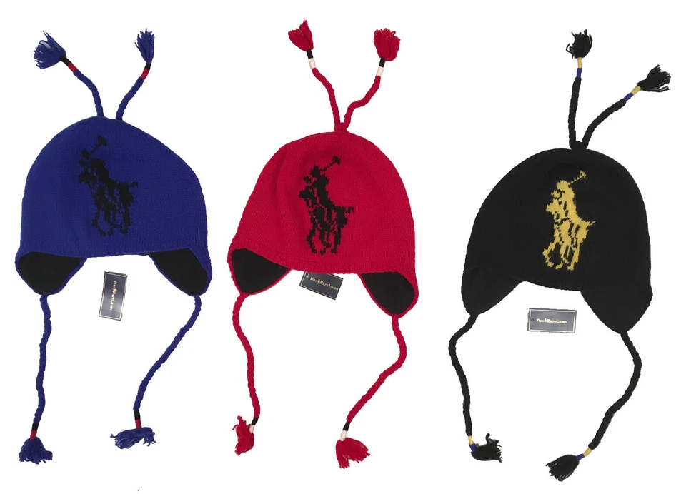 Polo Ralph Lauren Adult Big Pony Black Yellow Lambs Wool Ski Hat Unisex