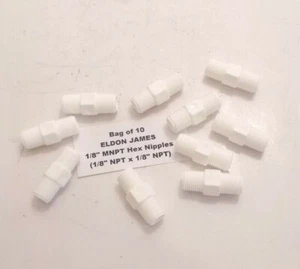Bag of 10 ELDON JAMES 1/8" MNPT Hex Nipples (1/8" NPT x 1/8" NPT) White 150 PSI  - Picture 1 of 3