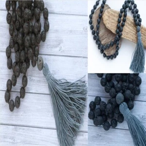 8mm Black Lava Stone 108 Beads Gemstone Mala Tassel Necklace Choker Men Yoga - Picture 1 of 5