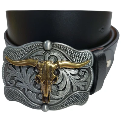Ledergürtel + Gürtelschnalle Buckle Western Gürtel Cowboy Rodeo Longhorn .. - Bild 1 von 4