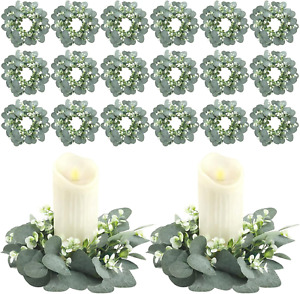 20 Pcs Wedding Candle Rings Green Eucalyptus Leaves Wreaths Artificial Leaf Cand