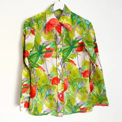 Blusa Top Vintage Años 70 Floral Flores Hojas Cuello Punta Manga Larga Botón 6 Foto 1 de 4