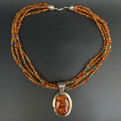 Collar Colgante De Colección Jay King DTR Cuentas Guijarro Ámbar Turquesa Esterlina 925 Foto 1 de 4