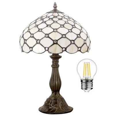 Tiffany Lamp Cream Amber Stained Glass Bead Table Lamp Desk Bedside Reading L... - Image 1 of 4