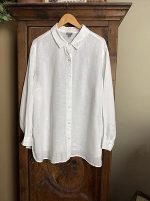 J JILL Women’s Size 2X White 100% Linen Collared Long Sleeve Button Up Blouse - Image 1 of 4