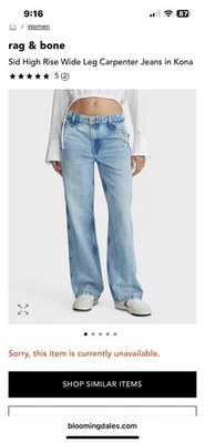 Pantalones de mezclilla de carpintero de pierna ancha de tiro alto Rag & Bone Sid en Kona talla 29 nuevos con etiquetas Foto 1 de 4