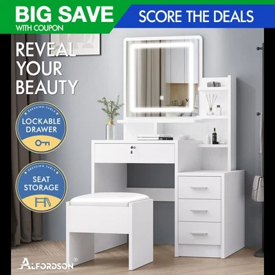 ALFORDSON Dressing Table Stool Set LED Makeup Mirror Vanity Desk Cabinet White - image 1 of 4