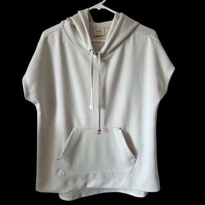 Elie Tahari 女式 M 米色象牙色短袖连帽衫袋鼠口袋抽绳 — 第 1/4 张图片