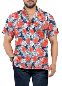 LA LEELA Mens Hawaiian Short Sleeve Button Down Shirts M Navy, Floral - Picture 1 of 3