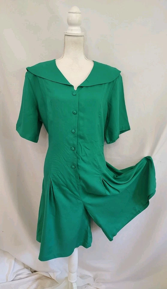 Mameluco Vintage Años 80 FADS Preppy Mono Cuello Marinero Verde Rayón Pantalones Cortos Completos XL Foto 1 de 4