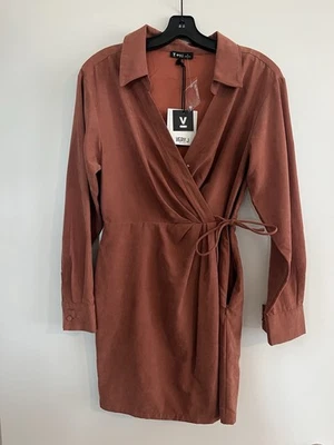 NEW VERY J Brick Red Long Sleeve Faux Wrap V Neck Mini Western Dress Small - Image 1 of 3