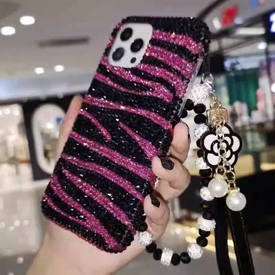 闪亮宝石斑马纹链条手机壳 适用于 iPhone 17 16 15 14 13 12 11 X Pro Max — 第 1/4 张图片