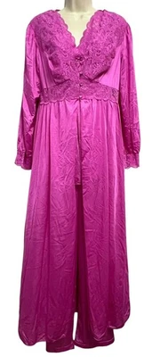 ShadowLine Robe & Top Pant Set Womens Large Pink Nylon Lace Vintage 3 Piece - Image 1 of 4