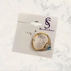 Savvy Cie 18K Gold Plated CZ Halo Pear Cut Laguna Blue Lab Created Sapphire - Picture 1 of 3