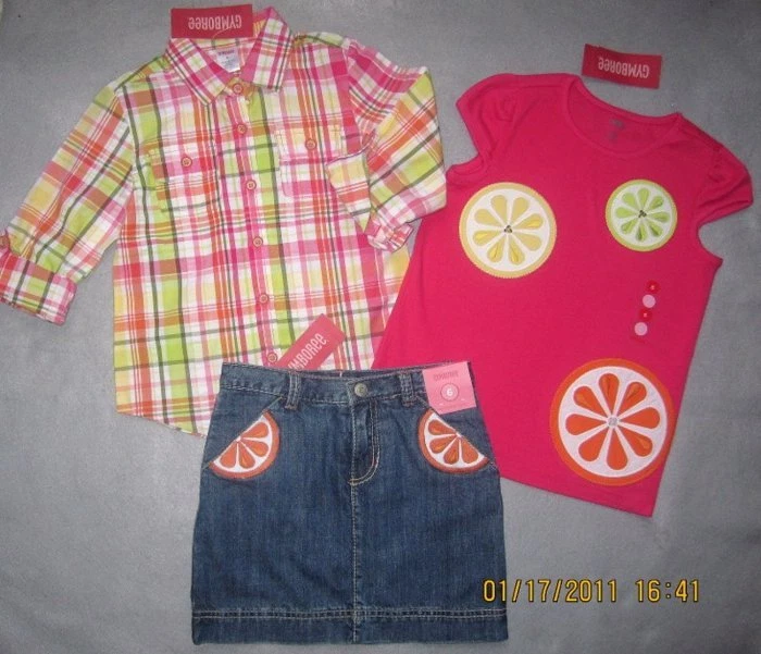 Gymboree Citrus Cooler 3 pc Denim Skirt Skort Pink  Plaid Lemon Top 6 8  NWT New - Image 1 of 1