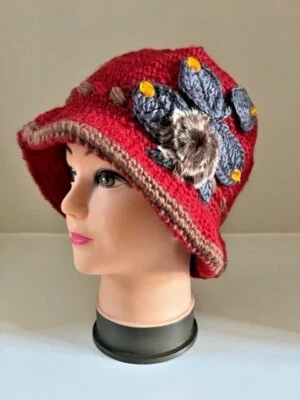 女士的女孩冬季保暖针织帽钩针花双层 — 第 1/4 张图片