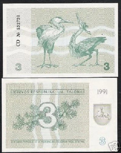 LITHUANIA 3 TALONAS P33 B 1991 x 10 Pcs Lot HERON HORSE JUNIPER EURO UNC ANIMAL - Image 1 of 1