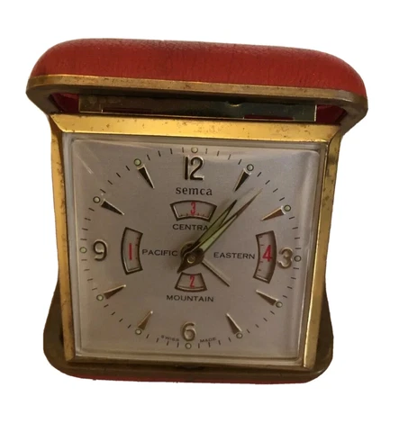 SEMCA Travel Alarm Clock Vintage Swiss Made Folding w/Time Zones Cover