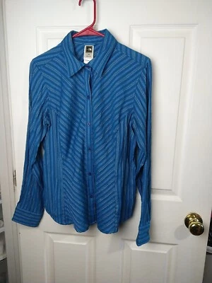 Blusa Northface Mujer M Verde Azulado Rayas Cuello Diamante Botón Manga Larga Foto 1 de 4