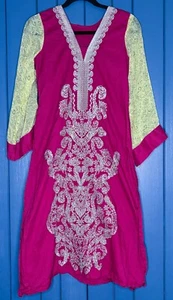 Fuchsia Embroidered Lawn Kurti Kaftan Dress Tunic XS Small Sheer Sleeves Ethnic - Picture 1 of 7