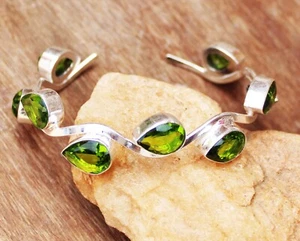 Green Peridot Gemstone 925 Sterling Silver Handmade Jewelry Bangle Size 7-8" - Picture 1 of 1