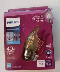 Philips Dimable 40 watt lightbulb Bent Tip Medium Base No Flicker 3 pk Dmg Pkg - Picture 1 of 1