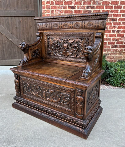 Antique French Bench Chair Settee Hall Bench Renaissance Revival Walnut PETITE Cover