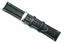 24mm Black/White Leather Watch Strap Crocodile Grain Silver Tone Butterfly Clasp