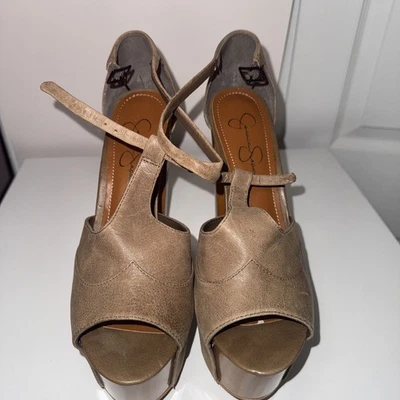 Sandalias Jessica Simpson Dany de plataforma de madera de cuero tostado 9B - RARAS - Usadas Foto 1 de 4