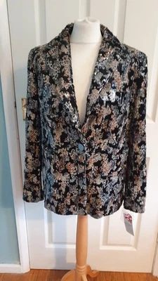 Helene Berman Velvet Sequin Blazer Jacket Black Brown Animal Leopard New Size 10 - Image 1 of 3