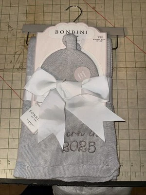 Conjunto de manta y sombrero para bebé Bonbini bordado nacido en 2025 NUEVO escalones gris Foto 1 de 4