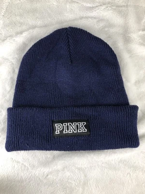 Victoria's Secret PINK Beanie Hat Womens One Size Navy Cuffed Knit Patch Winter - Image 1 of 4