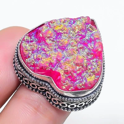 Anillo de piedras preciosas druzy de titanio rosa hecho a mano increíble joyería vintage 6,25" VR 2730 Foto 1 de 4