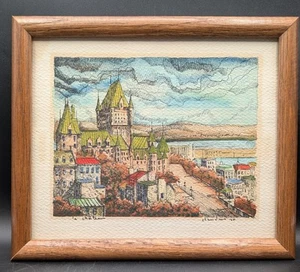 Acquerello e inchiostro firmato Claudius Girard Le Chateau Frontenac Quebec rovere incorniciato - Foto 1 di 8