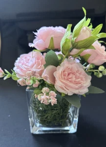 Silk Peony Peonies Artificial Flower Arrangement Cube Glass Vase green moss New - Picture 1 of 4