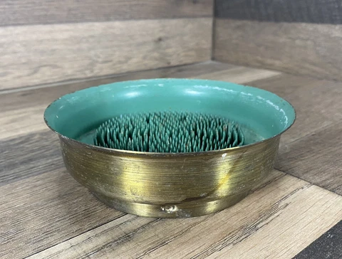 Vintage Dazey MFG Flower Frog Bowl Green HEAVY Metal 5" D 1.75" Tall Cover