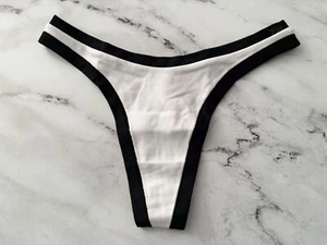 PINK Victorias Secret Nwt White w/ Black Ribbed High Leg Thong Panty - Picture 1 of 4