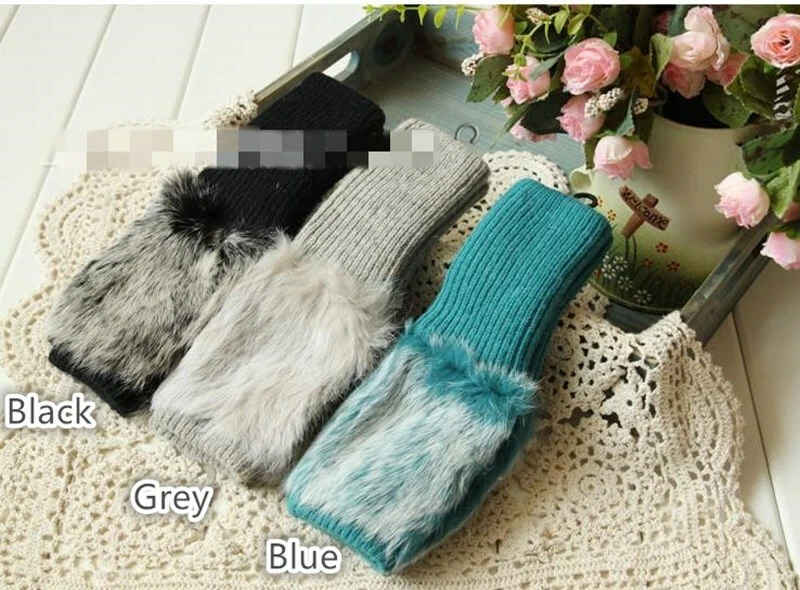 Girls Ladies Quality Faux Fur & Knitted Wool Fingerless Gloves Mitten GLVS-10 - Image 1 of 1