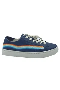 Soludos Leather Lace-Up Embroidered Sneakers Blue Rainbow - Picture 1 of 5