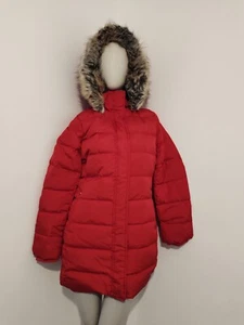 Lands' End faux fur DOWN winter coat two way zipper detachable hoodie Red Jacket - Picture 1 of 11