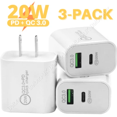 3 Pack 20W PD QC 3.0 Fast Charger USB C Power Adapter For iPhone Samsung Android - Image 1 of 4